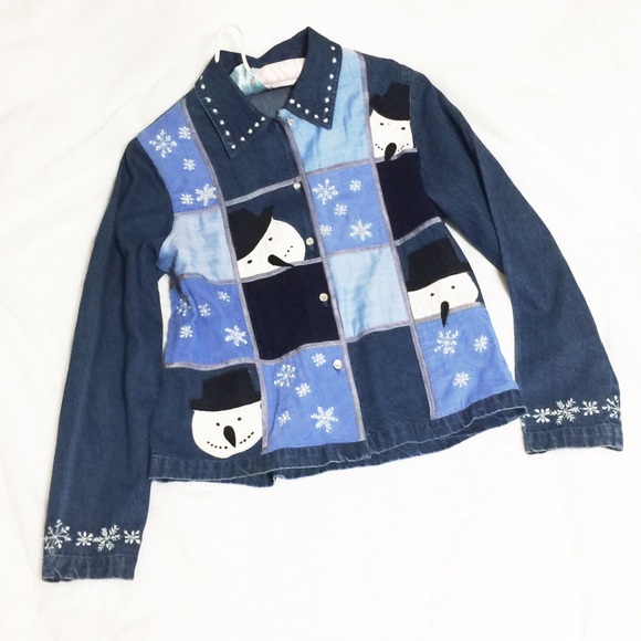 ☃️❄️Rare Winter Snowman Denim Blue Jean Jacket❄️☃️ - Picture 2 of 11